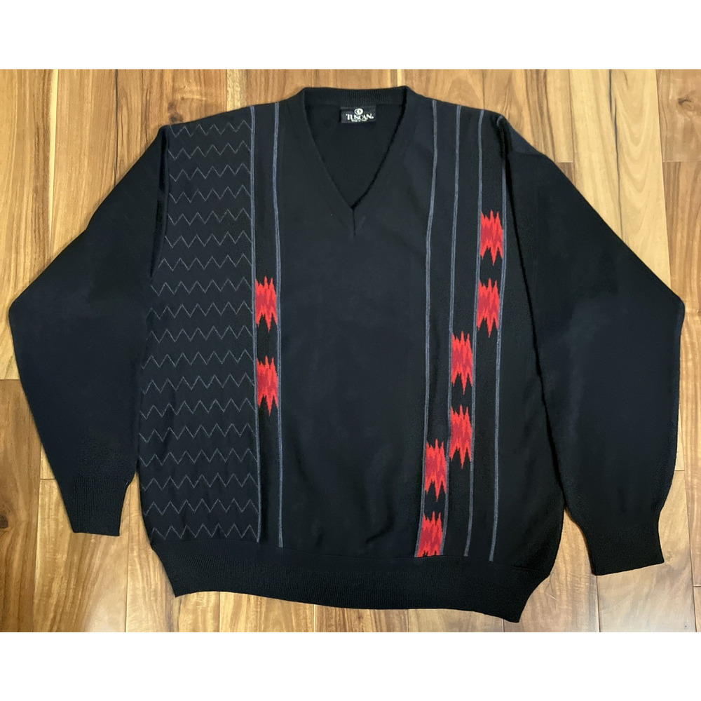 Tuscan Sweater Made In Italy Mens Black/Red V-Neck Wool Blend? Knit Pullover